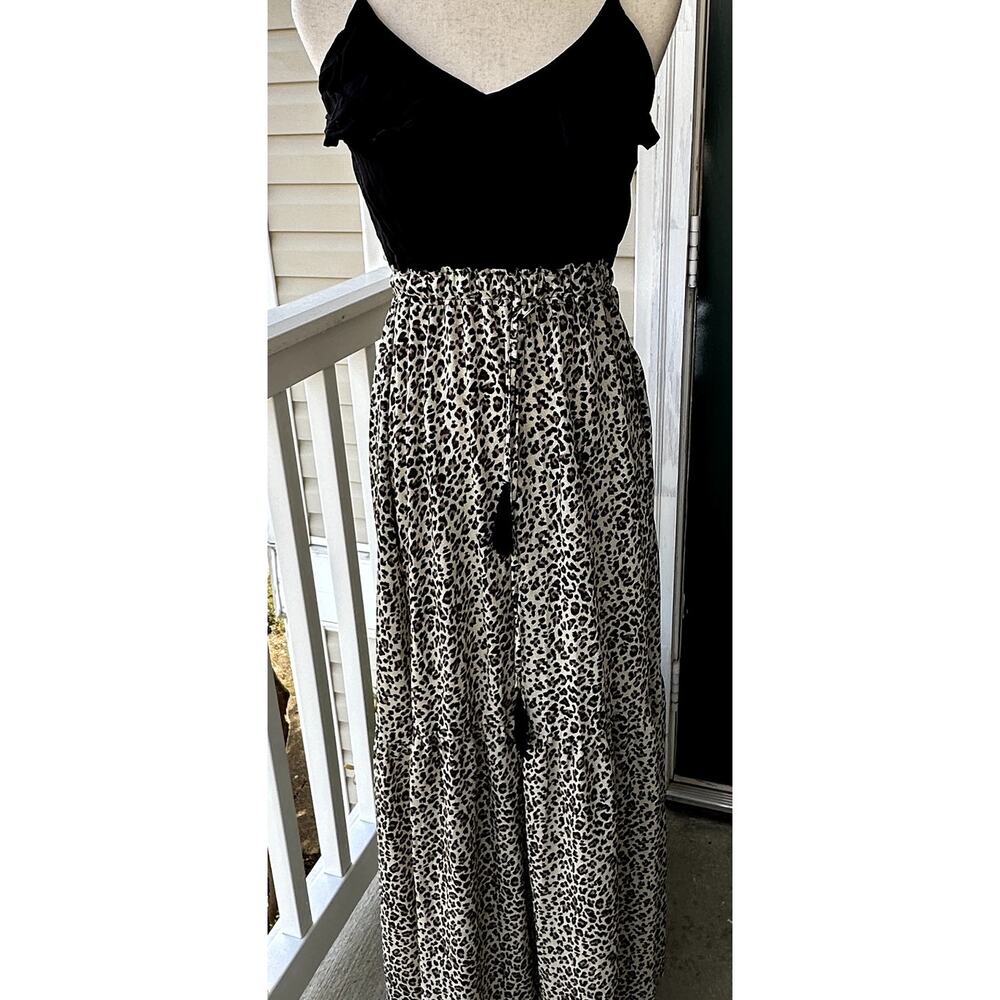 NWT Tiered Animal Print Maxi Boho Sundress with Black Crossover Bodice, Size S